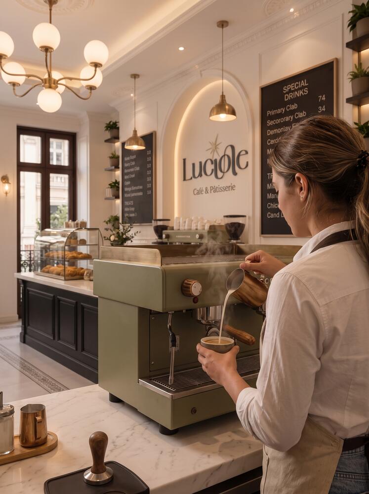 Barista pouring latte art on the espresso machine at Luciole café