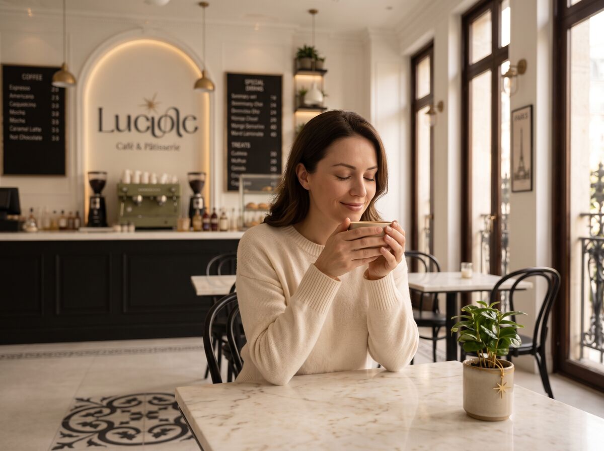 Une cliente savoure un café chez Luciole, dans les souks de Jounieh