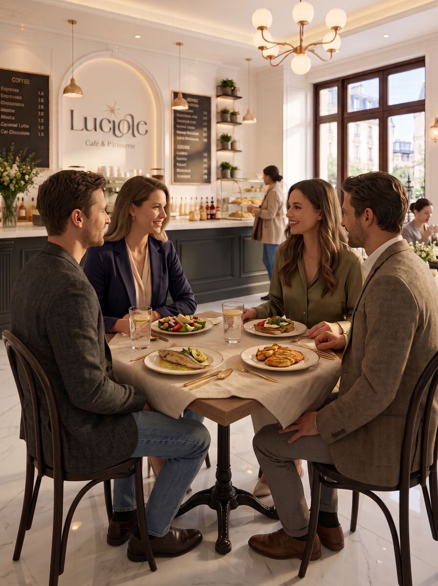 Quatre amis partagent un déjeuner au bistro Luciole à Jounieh