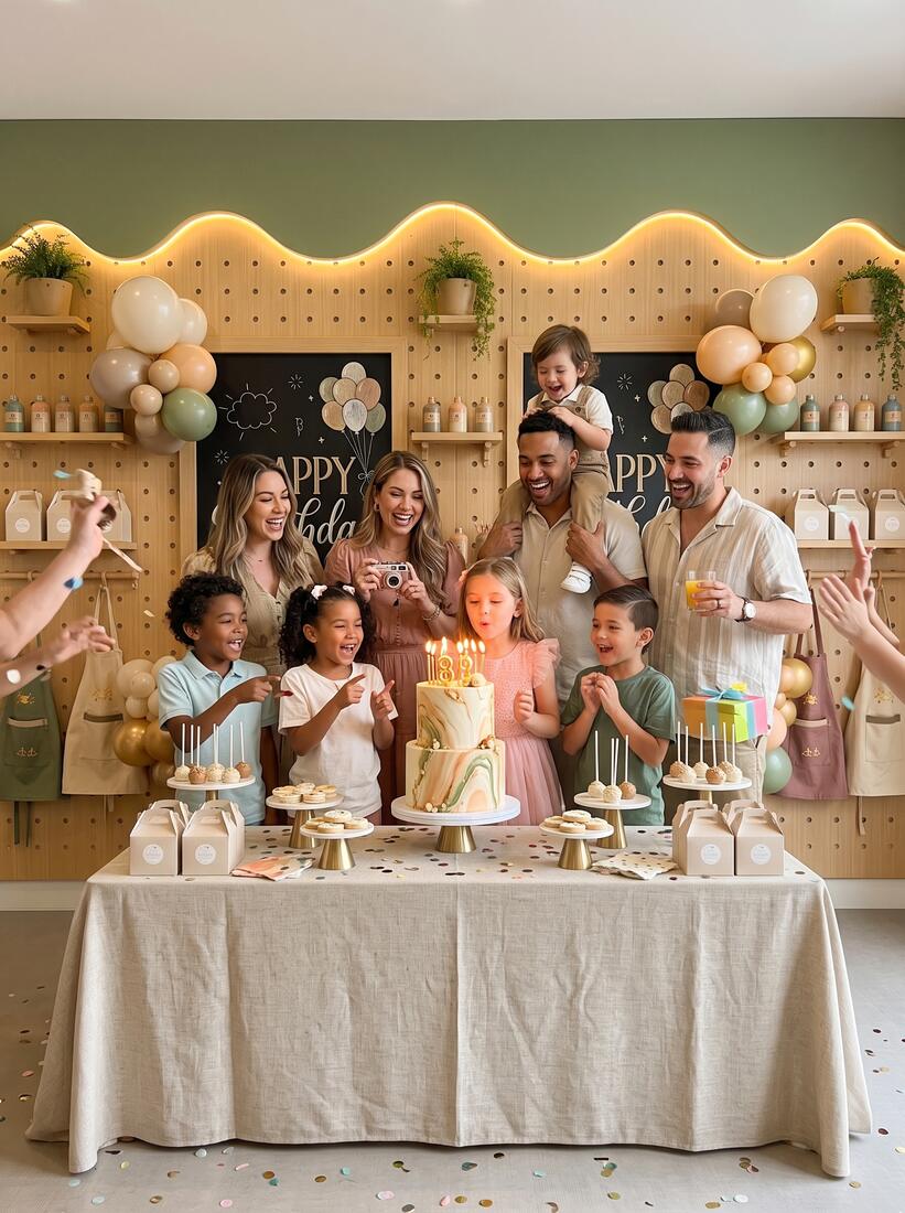 A kids' birthday party at Luciole: children blowing out candles on a marbled cake with balloons and parents around