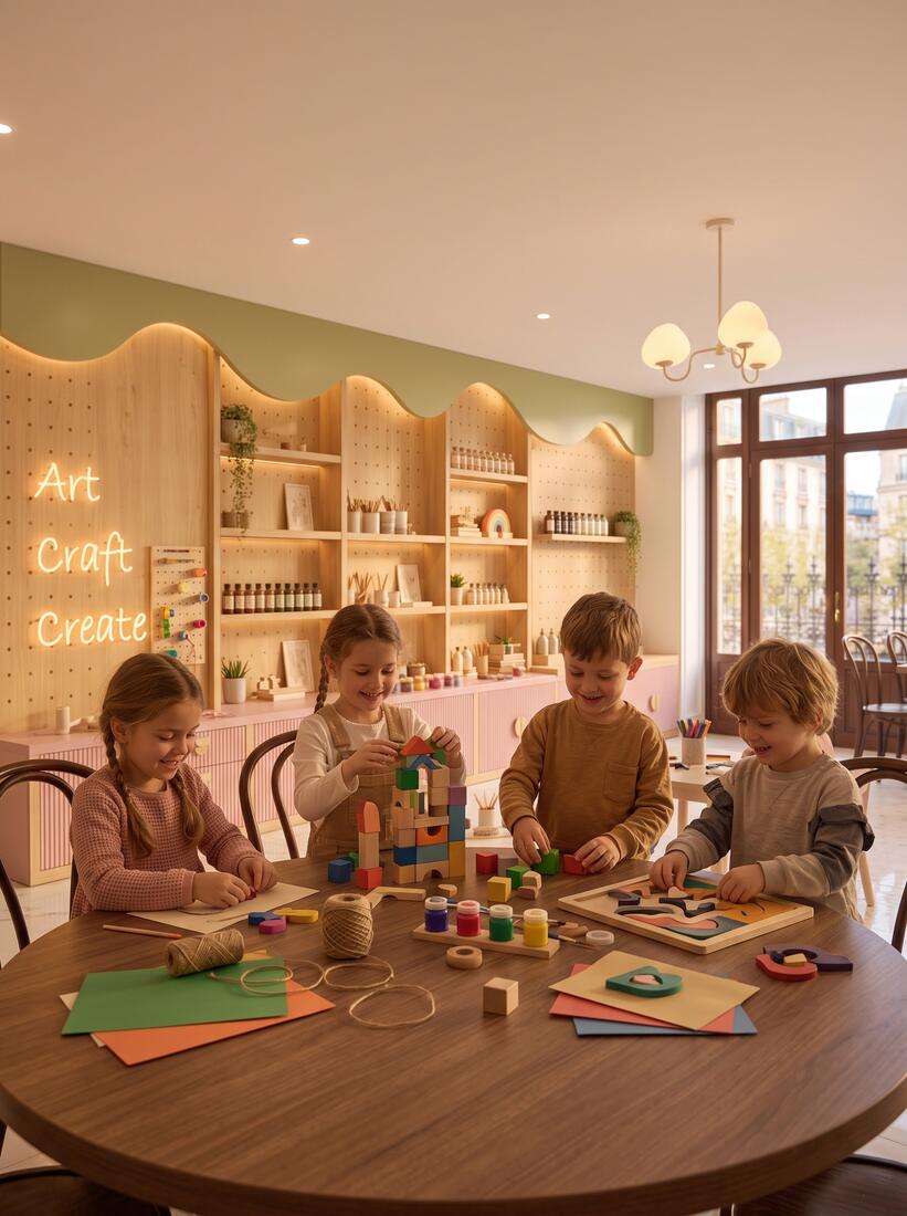 Children building with wooden blocks and craft materials at a Luciole workshop table