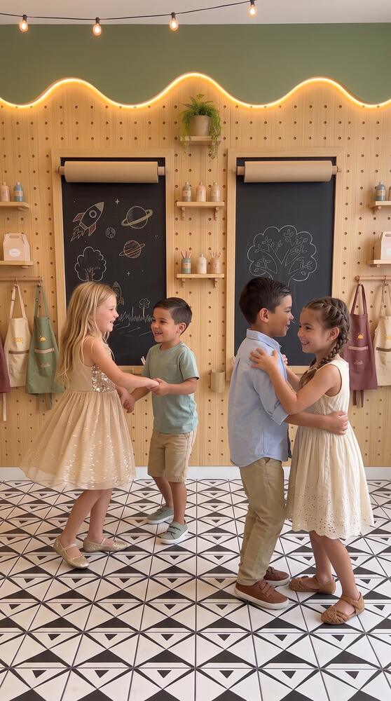 Children dancing together in front of the chalkboard wall at Luciole kids' space