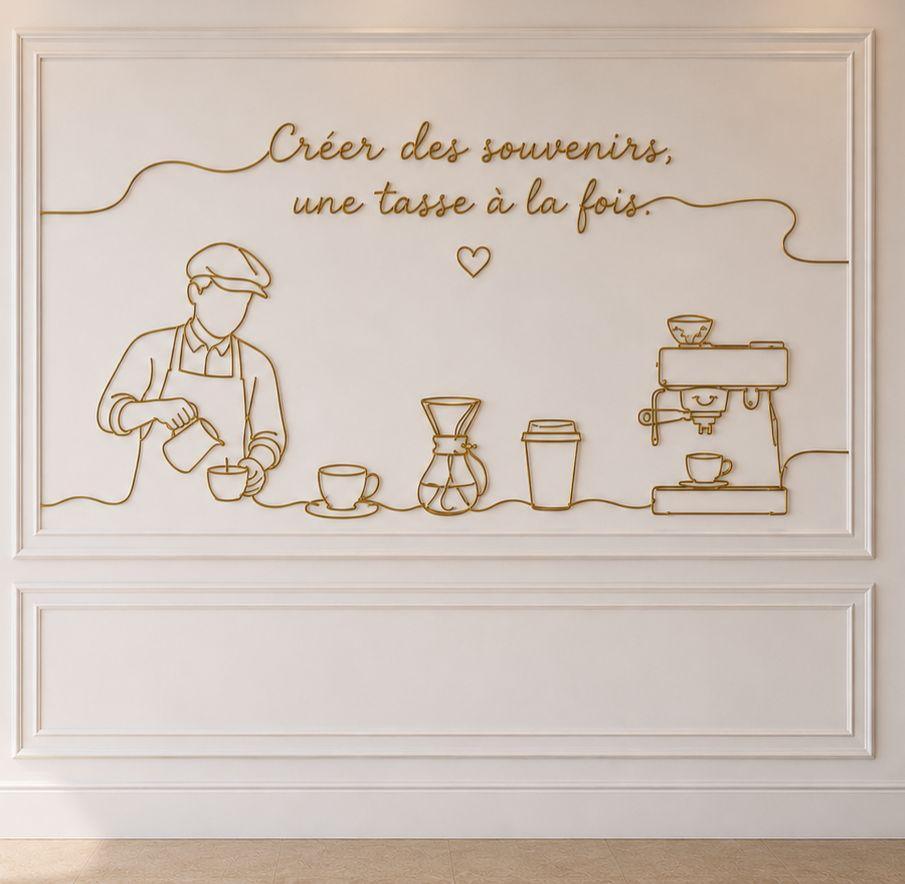 Gold line-art wall at Luciole café: Créer des souvenirs, une tasse à la fois