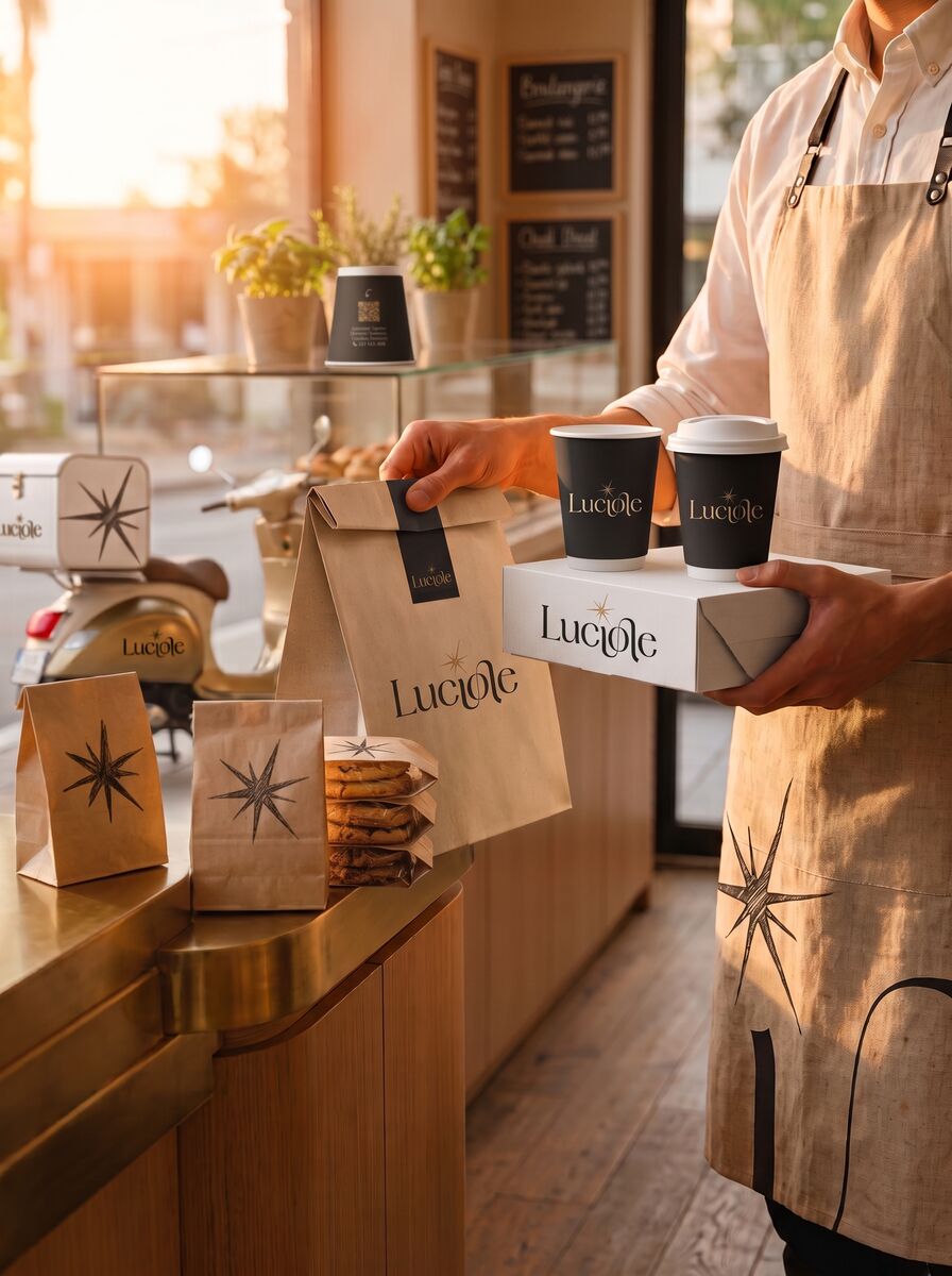 Café et plats Luciole emballés pour la vente à emporter et la livraison