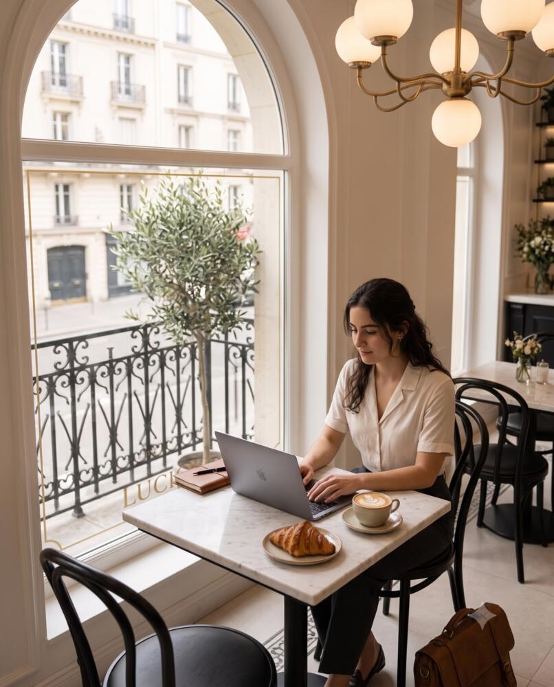 A mom working on her laptop with a latte and croissant by the arched window at Luciole