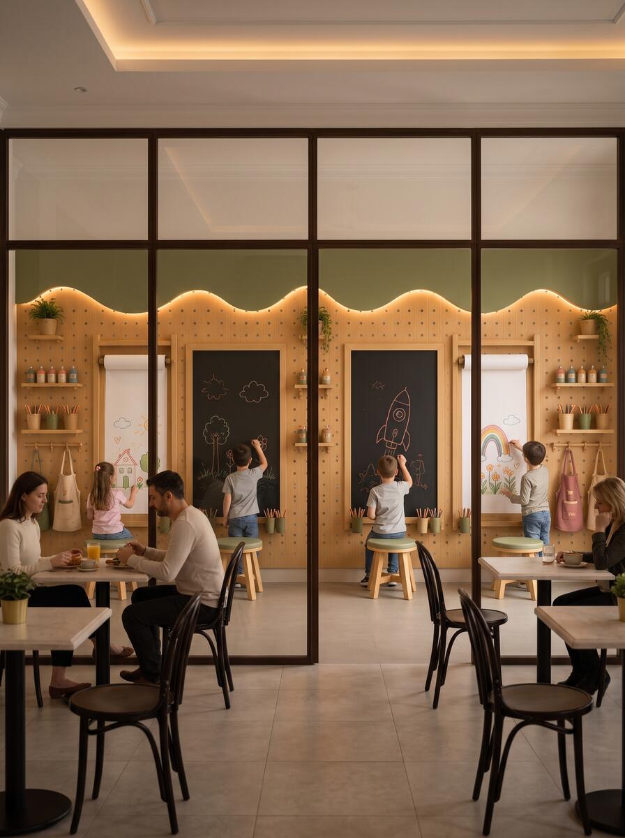 Parents having breakfast at Luciole café while their children draw on the chalkboard wall of the kids' atelier behind a glass partition, Jounieh